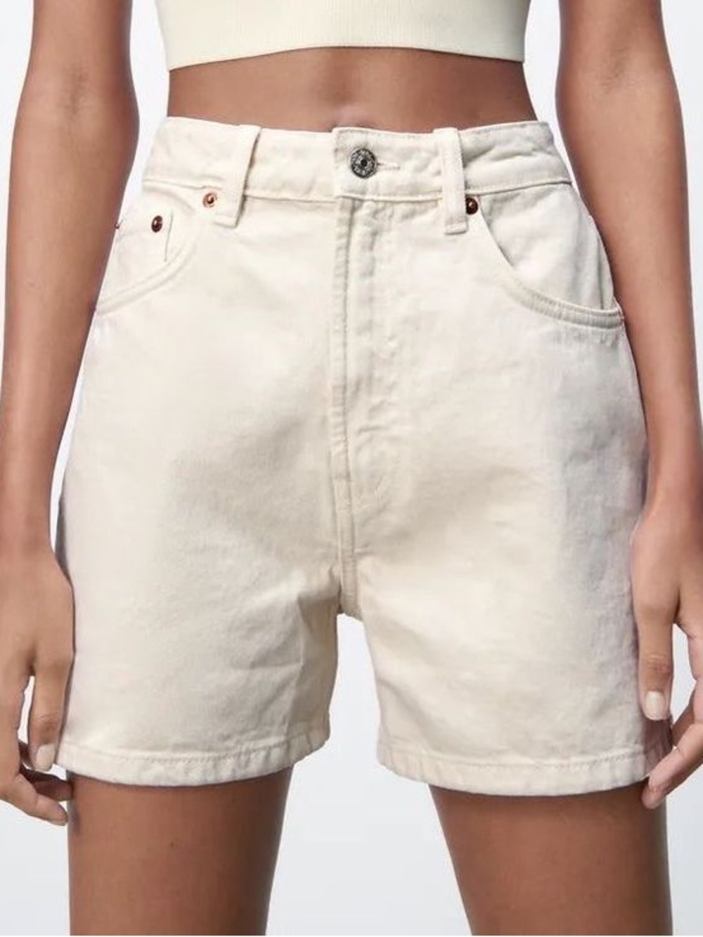 Zara Beige High-Waist Denim Mom Shorts